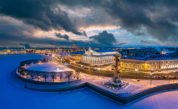 Saint-Petersburg on a winter evening. Russia in winter. Beautiful sky over Vasilievsky island. Panorama of the center of Petersburg from a height. Vasilievsky island on a winter evening.