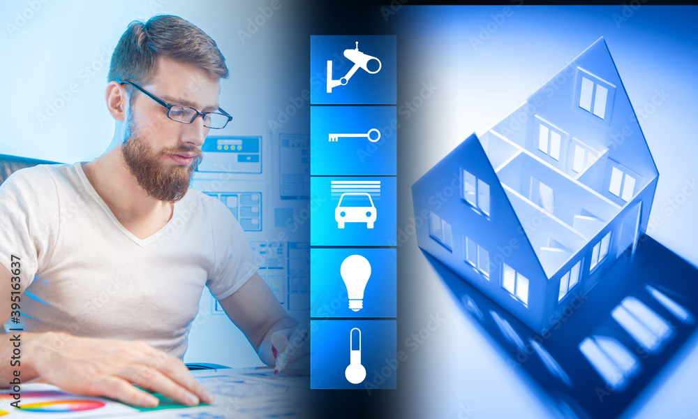 Poster smart home concept in blue. a man develops a scheme for connecting a cottage to the internet of smar