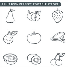 Fruit Related Vector Line Icon Set. Contains Icons like apple, kiwi, papaya, pear and many more. Editable Stroke.
