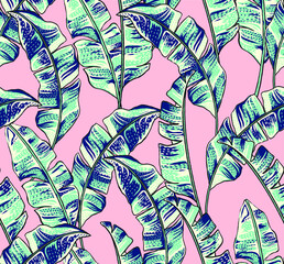 Tropical palm leaves. Seamless vector pattern of jungle leaves.