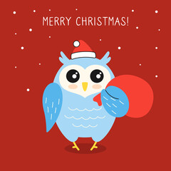 Greeting Christmas card, owl with gift santa bag. New year bird in Santa Claus hat. Hand drawn funny cartoon christmas character. Happy New year, merry Christmas. Animal vector