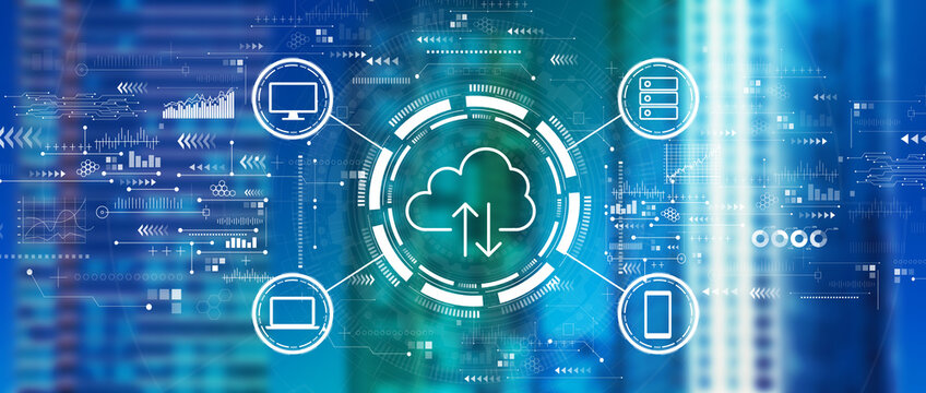 Cloud computing with downtown skyline buildings in the night