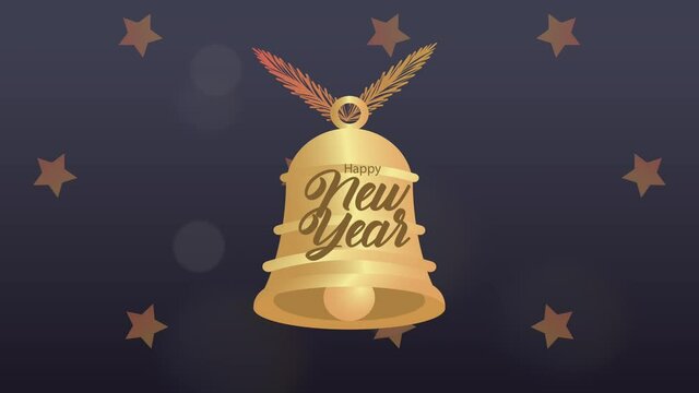 happy new year lettering card with golden bell