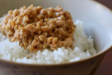 A close up shot of some finely chopped fermented soybeans on freshly cooked white rice in a ceramic rice bowl.