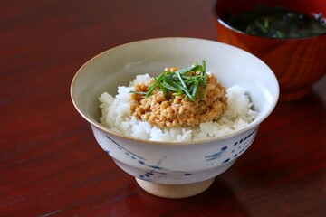 A close up shot of some finely chopped fermented soybeans on freshly cooked white rice in a ceramic rice bowl.