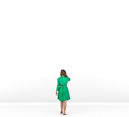 Unrecognizable Woman, Isolated. Facing A Blank White Wall, Choices, Template, Blank. Created In 3d Software. 3d Rendering.