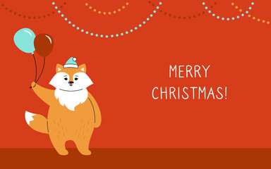 Fototapeta na wymiar Greeting Christmas card, fox with ball, new year garland. Red fox in Santa Claus hat. Hand drawn funny cartoon christmas character. Happy New year, merry Christmas. Animal vector