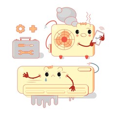 Broken conditioner. Built-in split system. Vector illustration in flat style. Installation or repair of air conditioner