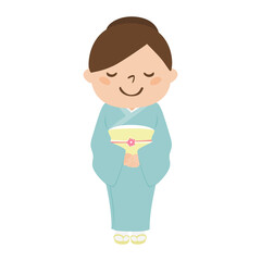 和装の女性のイラスト。緑色の着物を着たおしとやかな女性。