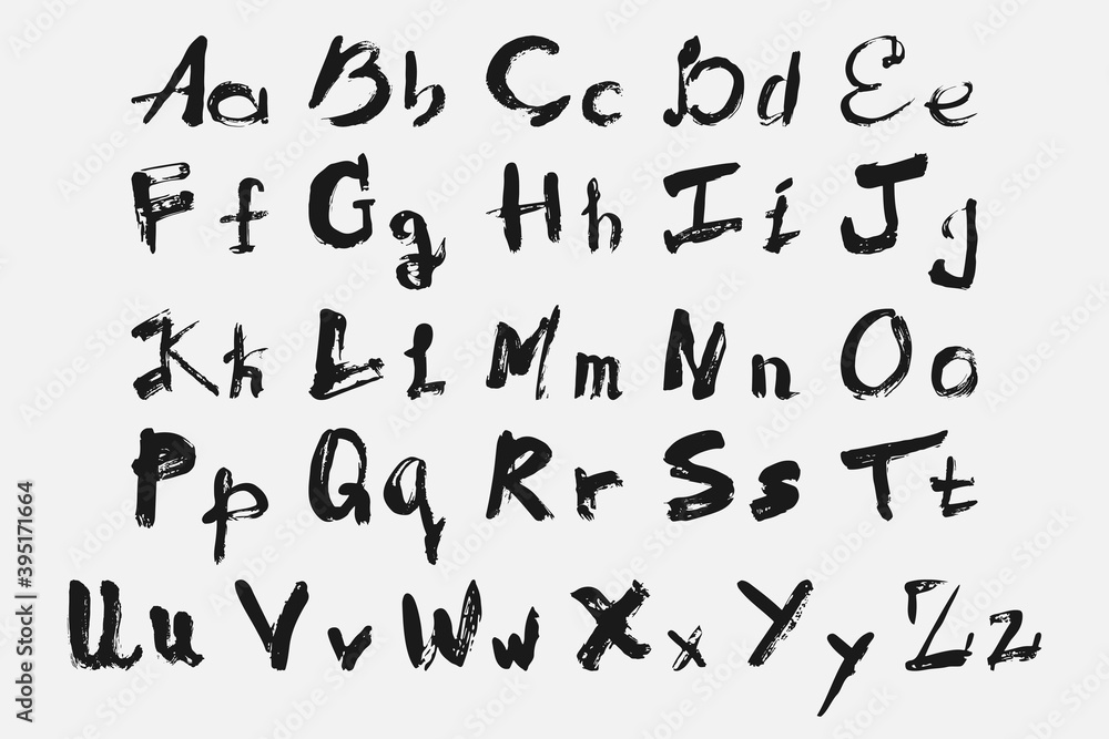 Poster english alphabet drawn with brush. calligraphic handwriting alphabet drawn in black letters on a whi