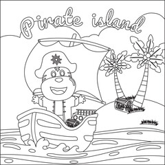 Fototapeta premium Vector illustration of monkey pirate on a ship at the sea with cartoon style. with cartoon style Childish design for kids activity colouring book or page.
