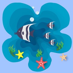 3d paper cut art concept design. Fish and starfish on the ocean waves. Colorful hand crafted. Paper cut style. Vector illustration EPS10. 