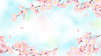 満開の桜と青空の背景素材、ベクターイラストフレーム / 横位置
