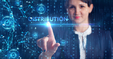 Business, Technology, Internet and network concept. Young businessman working on a virtual screen of the future and sees the inscription: Distribution