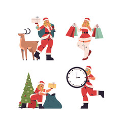 set girl in santa claus costume preparing for merry christmas and happy new year holiday celebration concept full length vector illustration