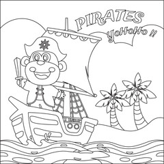 Vector illustration of monkey pirate on a ship at the sea with cartoon style. with cartoon style Childish design for kids activity colouring book or page.