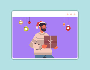 man in santa hat holding gift box guy having fun happy new year and merry christmas holidays celebration concept web browser window horizontal portrait vector illustration