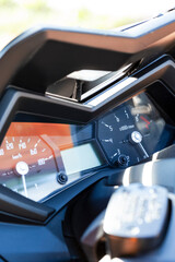 Motorcycling Concept. Modern Motorcycle Dashboard panel with two Gauges.