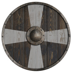 round wooden shield with white cross 3d illustration