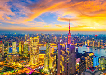 Aerial view of Shanghai skyline and cityscape at night,China.