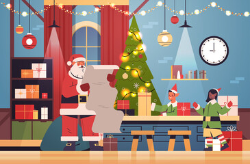 santa claus with elves putting gifts on machinery line conveyor happy new year christmas holidays celebration concept modern workshop interior horizontal vector illustration