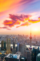 Fototapeta na wymiar Aerial view of Shanghai skyline and cityscape at sunset,China.