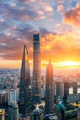 Aerial view of Shanghai skyline and cityscape at sunset,China.