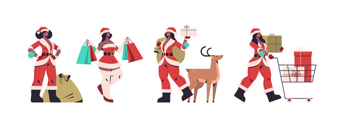 set african american santa woman preparing for merry christmas and happy new year holiday celebration concept female cartoon characters collection full length horizontal vector illustration