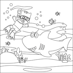 Vector cartoon illustration of little cat and shark, with cartoon style Childish design for kids activity colouring book or page.