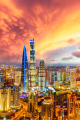 Obraz premium Aerial view of Shanghai skyline and cityscape at night,China.