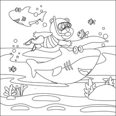 Obraz premium Vector cartoon illustration of little monkey andshark, with cartoon style Childish design for kids activity colouring book or page.