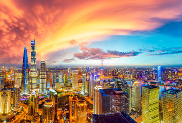 Aerial view of Shanghai skyline and cityscape at night,China.