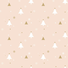 Christmas tree and snowflake seamless pattern on pastel beige color background