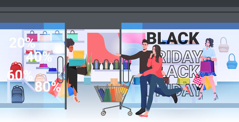 couple walking with purchases in trolley cart black friday big sale promotion discount concept shopping mall interior full length horizontal vector illustration