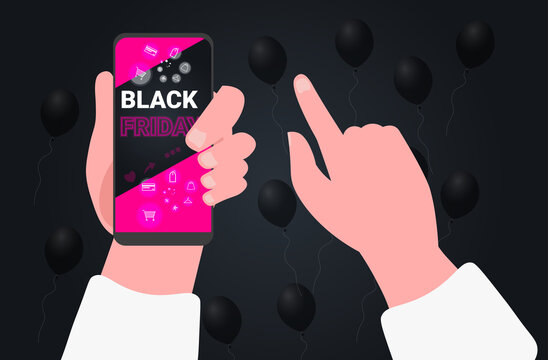 human hands using smartphones buying online in mobile app black friday big sale concept horizontal vector illustration
