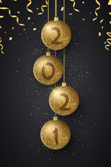 Glittering Christmas balls with numbers 2021 New Year and flying confetti. Grunge brush. Luxurious decoration. Greeting card or poster. Vector illustration