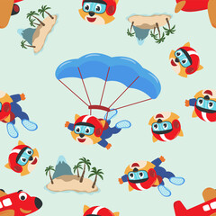 Seamless vector pattern with skydiver cat, parachute and planes. Design concept for kids textile print, nursery wallpaper, wrapping paper. Cute funny background.