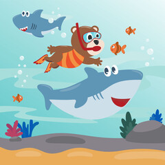 Diving with funny bear and shark with cartoon style. Creative vector childish background for fabric, textile, nursery wallpaper, poster, card, brochure. vector illustration background.