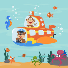 Diving with funny monkey and bear driving submarine. Creative vector childish background for fabric, textile, nursery wallpaper, poster, card, brochure. vector illustration background.