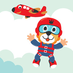 Vector illustration of a cute lion skydiving and airplane. with cartoon style. Creative vector childish background for fabric textile, nursery wallpaper, poster, card, brochure. vector illustration