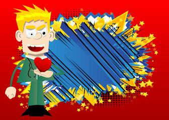 Funny cartoon doctor holding red heart in his hand. Vector illustration about health or love.