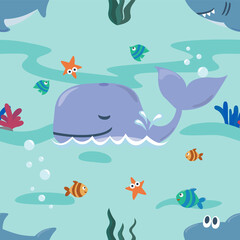 Naklejka na ściany i meble Seamless texture with little whale and shark are swim in underwater. For fabric textile, nursery, baby clothes, background, textile, wrapping paper and other decoration.