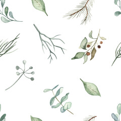 Christmas plants, leaves, berries, branches, foliage, spruce branches in green watercolor seamless winter pattern