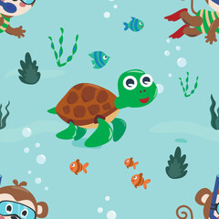 Fototapeta na wymiar Seamless texture with little turtle and monkey are swim in underwater. For fabric textile, nursery, baby clothes, background, textile, wrapping paper and other decoration.