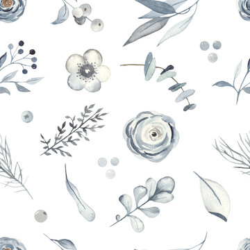 Christmas plants, leaves, berries, branches, flowers, foliage, fir branches in blue watercolor seamless winter pattern