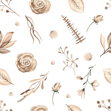 Christmas plants, leaves, berries, branches, flowers, foliage, fir branches in brown watercolor seamless winter pattern