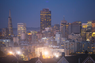 View of San Francisco streets, with Alamo square and city skyline, California, United States, summer day