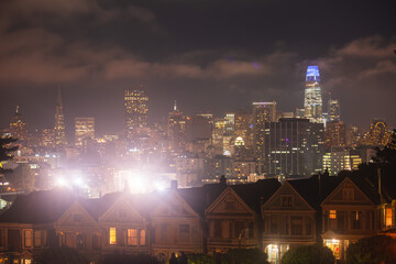 View of San Francisco streets, with Alamo square and city skyline, California, United States, summer day