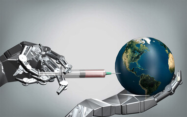 Fototapeta premium Iron hand of a cyborg robot, a syringe, a model of the planet Earth. The globe. 3D, illustration.