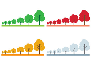 木のイラスト 四季と成長 色とりどりの木々 Trees illustration four seasons and growth